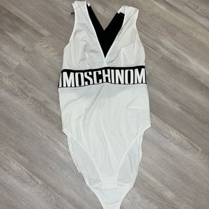 white and black moschino bodysuit